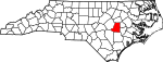 Map of North Carolina highlighting Wayne County